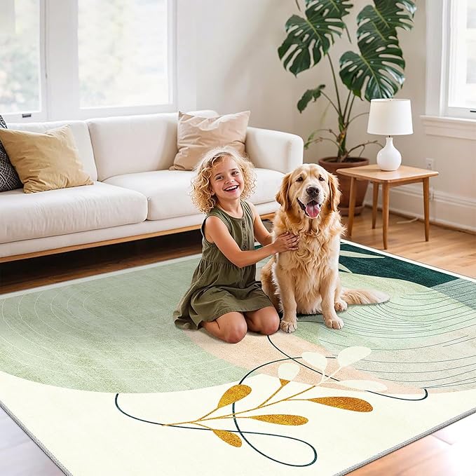 MUJOO Washable 8x10 Area Rugs for Living Room Bedroom Dining Room Large Boho Non Slip Carpet Indoor Mid Century Modern Abstract Botanical Geometric Green