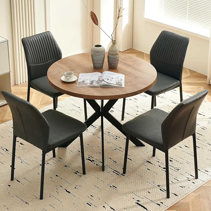 37" Round Dining Table Set for 4, Mid Century Modern Small Coffee Set for Dining Room Kitchen Apartment (Walnut Table + 4 PU Leather Dark Grey Chairs)