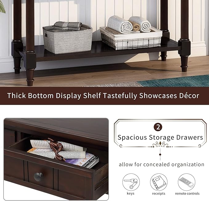 SOFTSEA Farmhouse Console Table with Drawers & Shelf, 35" Entryway Table with Storage, Solid Wood Sofa Couch Table for Hallway, Espresso