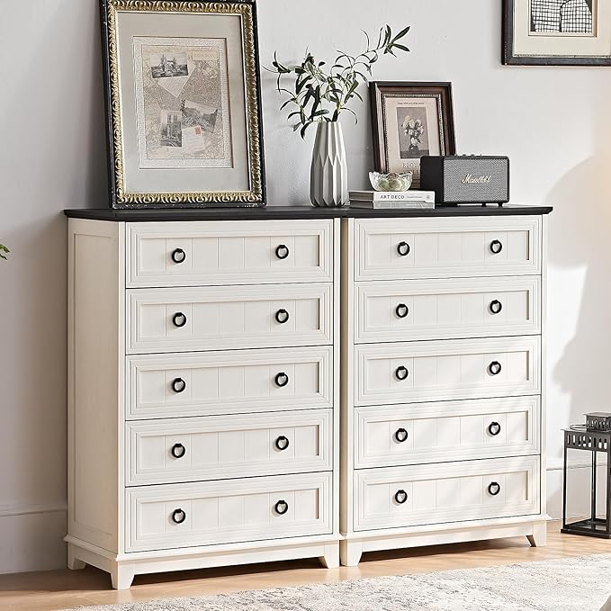 Farmhouse 5 Drawer Dresser for Bedroom Set of 2, 42" Tall Small Dressers & Chest of Drawers, Rustic Wood Dresser with Metal Handle, Storage Organizer Closet for Living Room, Hallway,Entryway