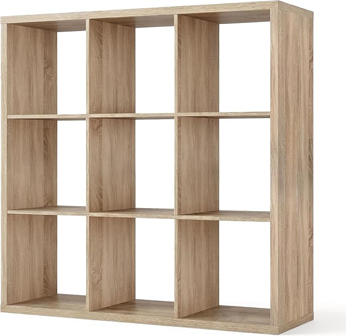 CAPHAUS Sturdy Room 13-Inch Cube Storage Organizer Shelf, with Extra Thick Exterior Edge, Open Storage Shelf Divider, Bookcase, 9-Cube, Natural Oak