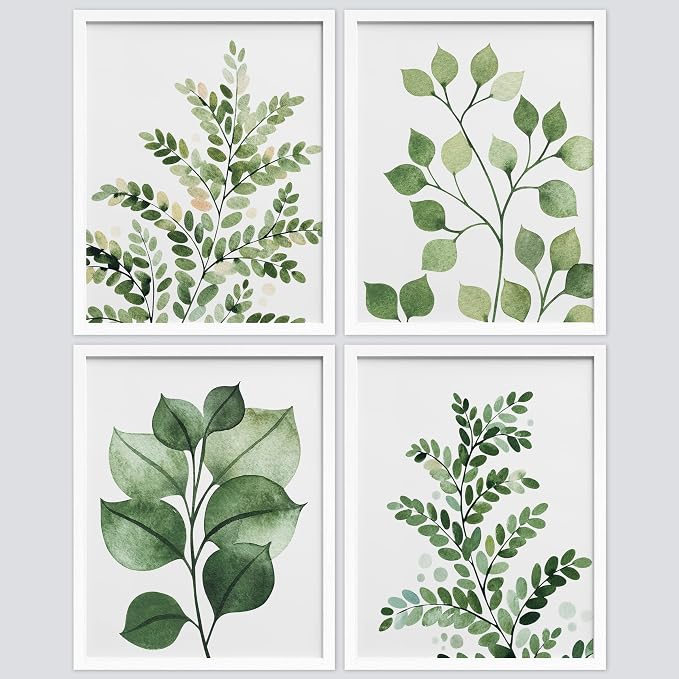 SIGNWIN Framed Green Pastel Forest Fern Leaf Wall Art, Set of 4 Collage Nature Garden Wall Decor Prints, Nature Wilderness Wall Décor for Living Room, Bedroom - 11"x14" White