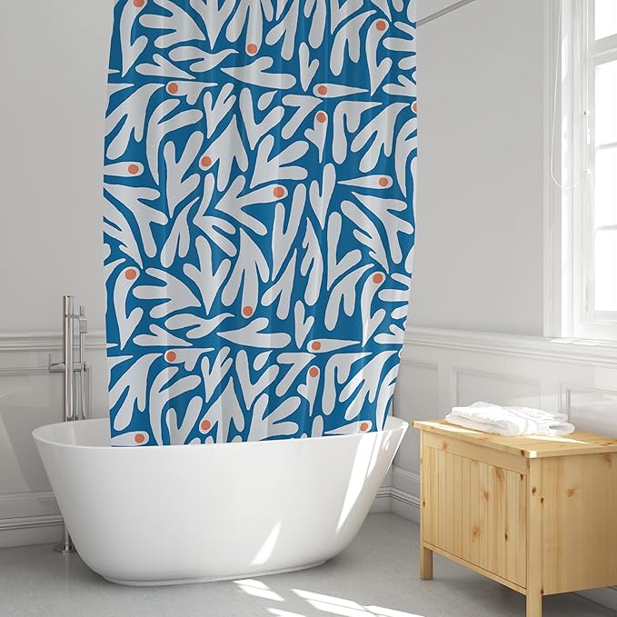 Matisse Blue and White Boho Modern Fabric Shower Curtain, Abstract Floral Art Shower Curtain, 72x72 Inches (Matisse)
