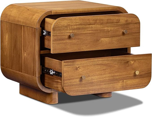Poly & BARK Oslo 22” Nightstand – Mid-Century Modern Bedside Table with Soft-Close Drawers, Solid and Veneered Acacia Wood Construction, Brass Handles, Light Brown Finish