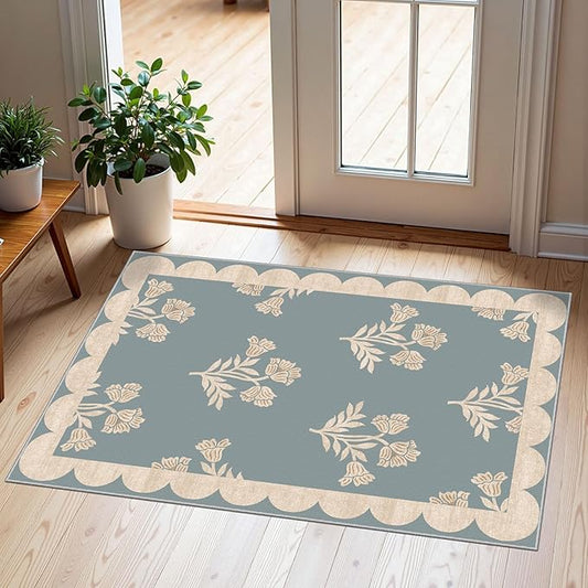 Front Door Mat Outside Entrance - 2x3 Floral Non-Slip Washable Doormat Indoor Outdoor Mat Blue Retro Farmhouse Scalloped Entry Rug Small Throw Rugs for Entryway Kitchen Front Porch Decor