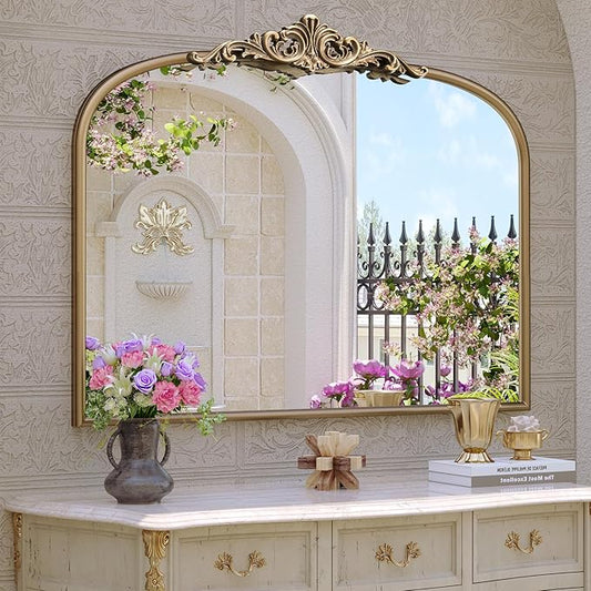 Arched Antique Gold Wall Mirror, 32"x24" Large Vintage Gold Bathroom Wall Mirror Over Sink, Ornate Arch Bronze Mirror for Fireplace, Entryway, Bedroom Over Vantiy, Haning or Leaning