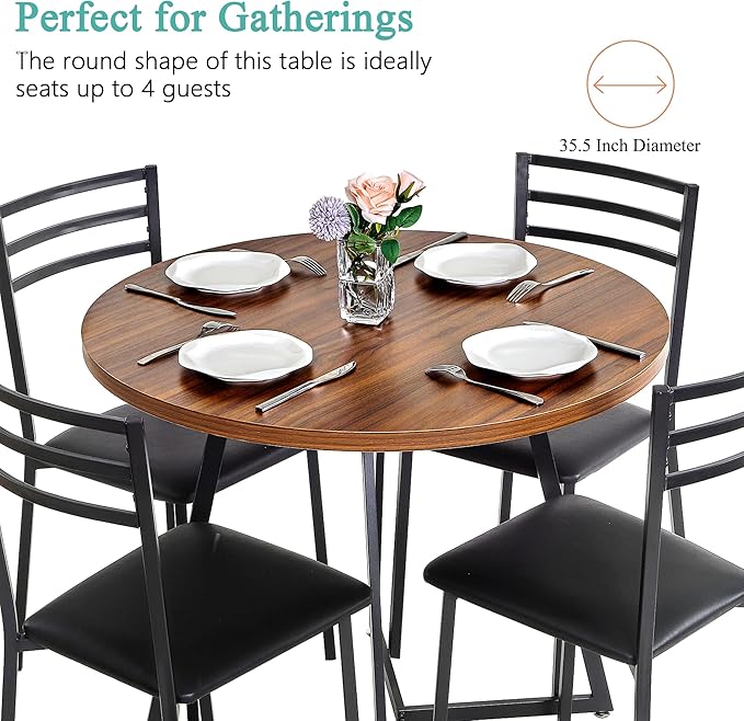 VECELO 35" Round Dining Table for 4, Wood-Grain Tabletop & Heavy-Duty Steel Frame, for Kitchen, Living Room, Easy Assembly, Walnut