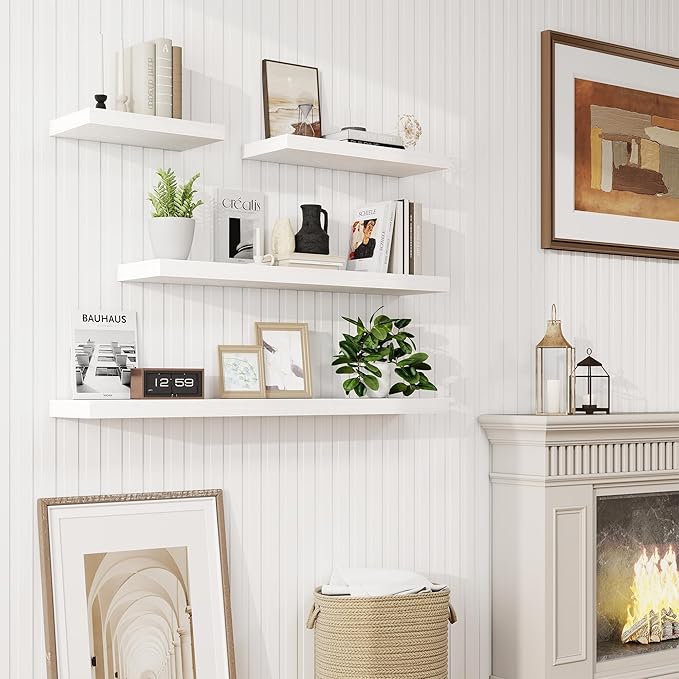 40in Floating Shelves for Wall, 40"W x 9.25"D x 1.25"H, 2 Pack Long Wall Mounted Engineered Wood Shelves with Invisible Brackets for Living Room, Bedroom, Bathroom, Kitchen Decor and Storage, White