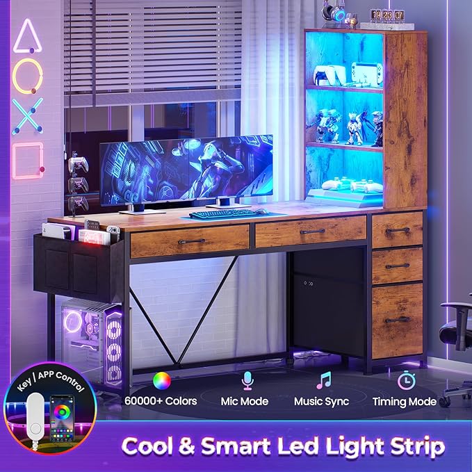SEDETA Computer Desk with 5 Drawers and Bookshelf, Reversible Home Office Desk with Storage Shelves and File Drawer, Gaming Corner Desk with LED Lights for Small Spaces, Rustic Brown
