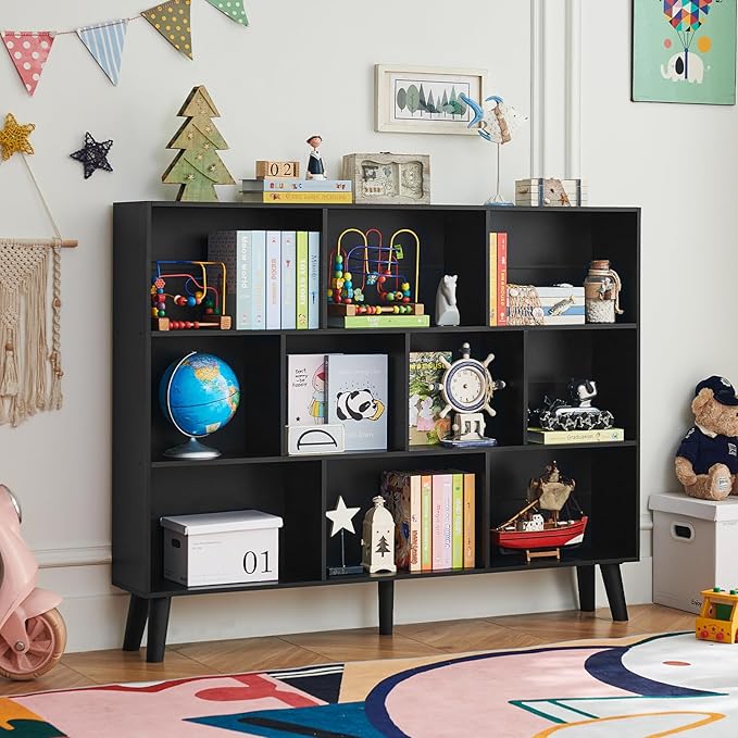 LEYAOYAO 10 Cube Bookshelf, 3 Tier Vintage 55" Wide Bookcase with Legs, Mid-Century Wood Bookshelves Storage, Black Large Book Case, Freestanding Organizer Display Shelf for Living Room, Office