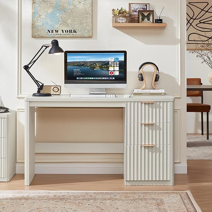 LEYAOYAO Office Desk 48" with 3 Drawers Storage File Cabinet Wood Fluted Desk for Computer Office Bedroom Home Furniture White
