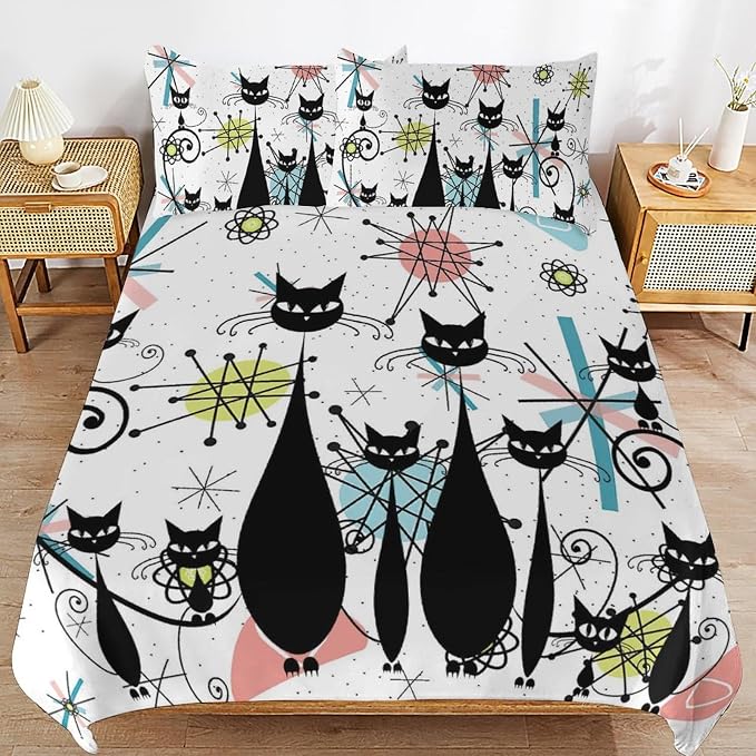 Mid Century Duvet Cover Sets Vintage Black Cat Modern Style Printed Lightweight Soft Quilt Cover Abstract Geometric Minimalist Soft Microfiber 3 Piece (1 Duvet Cover 90x102in + 2 Pillow Sham 20x30in)