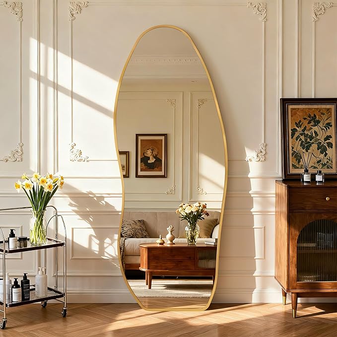 Mirror Full Length - Irregular Full Body Mirror Standing or Leaning or Wall Hanging 63"x 24" Asymmetrical Aviation Aluminum Alloy Frame Unique for Bedroom, Living Room, Cloakroom, Entryway