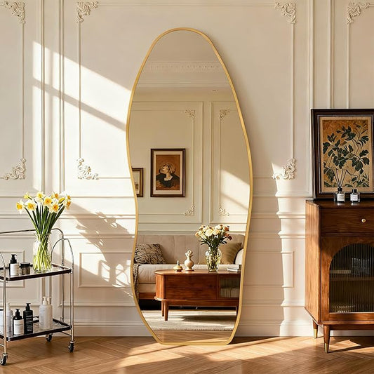 Mirror Full Length - Irregular Full Body Mirror Standing or Leaning or Wall Hanging 63"x 24" Asymmetrical Aviation Aluminum Alloy Frame Unique for Bedroom, Living Room, Cloakroom, Entryway