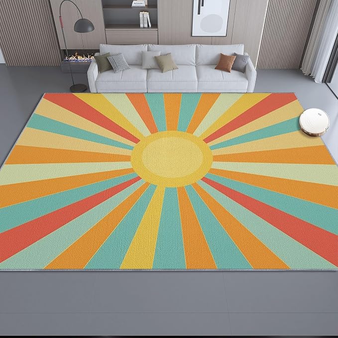 3x5 Washable Area Rug, Colorful Retro Sunburst Stripes Design Non Slip Non-Shedding Rug Easy Care for Living Room Bedroom Kitchen Office Carpet