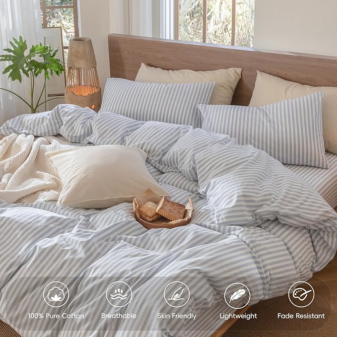 MooMee Striped Duvet Cover Set 100% Washed Cotton Linen Like Textured Breathable Durable Soft Comfy (Cornflower Blue White Classic Stripes, Cal King 104"x98")