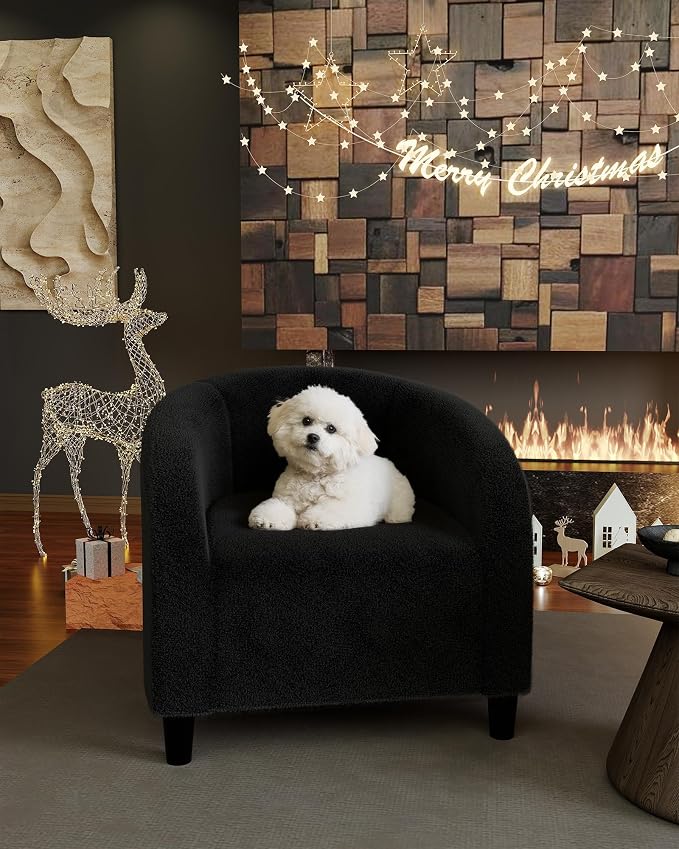 GarveeHome Accent Chair Set of 2 Living Room Chairs Barrel Boucle Chairs Comfy Armchairs for Bedroom Reading Room Reception Chairs(Black)