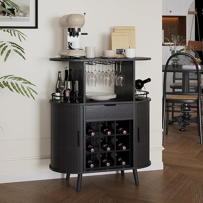 Wine Bar Storage Cabinet, Coffee bar Cabinet for Liquor with Open Wine Rack & Sliding Doors, Modern Home Bar for Living Room, Kitchen, Dining Room（Black