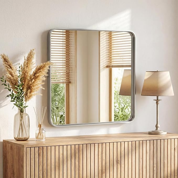 NEWBULIG 36X36 Inch Bathroom Mirror for Over Sink, Wall Vanity Mirrors Tempered Glass, Anti-Rust Metal Framed Rounded Rectangle, Hangs Horizontally or Vertically, Farmhouse Home Decor, Silvery