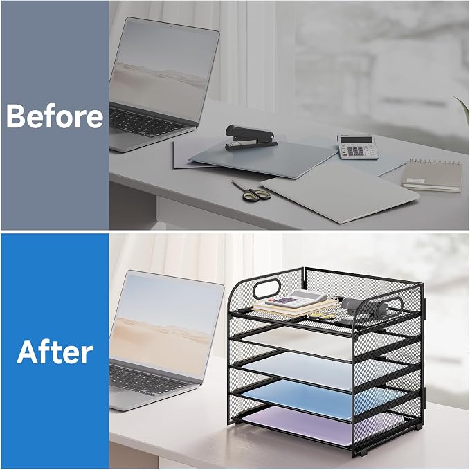 Paper Organizer Letter Tray with Handle Mesh 5 Trays Desk File Organizer Paper Sorter Desk Organizer for Office, Home or School-Black 2 Pack