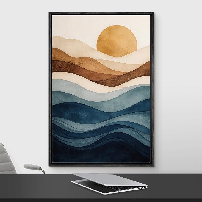 Woodrose Framed Canvas Print Wall Art Abstract Layered Landscape Sun and Waves Illustrations Modern Art Minimalist 3D Colorful Ultra for Living Room, Bedroom, Office - 16"x24" BLACK