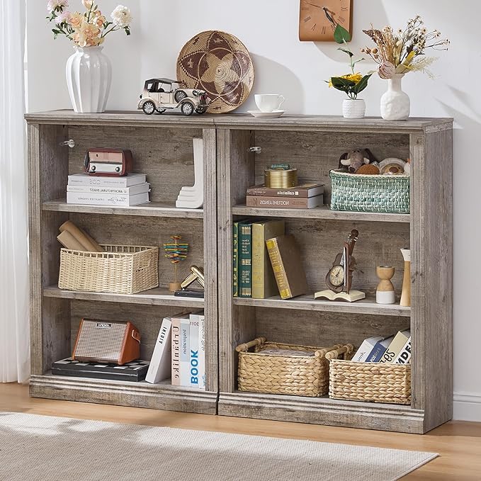43" Grey Tall Bookshelf Set of 3,3-Tier Thick Wooden Book Shelf with Adjustable Shelves,Free Standing Farmhouse Bookcase with Open Display Storage,Floor Vintage Bookshelves for Living Room