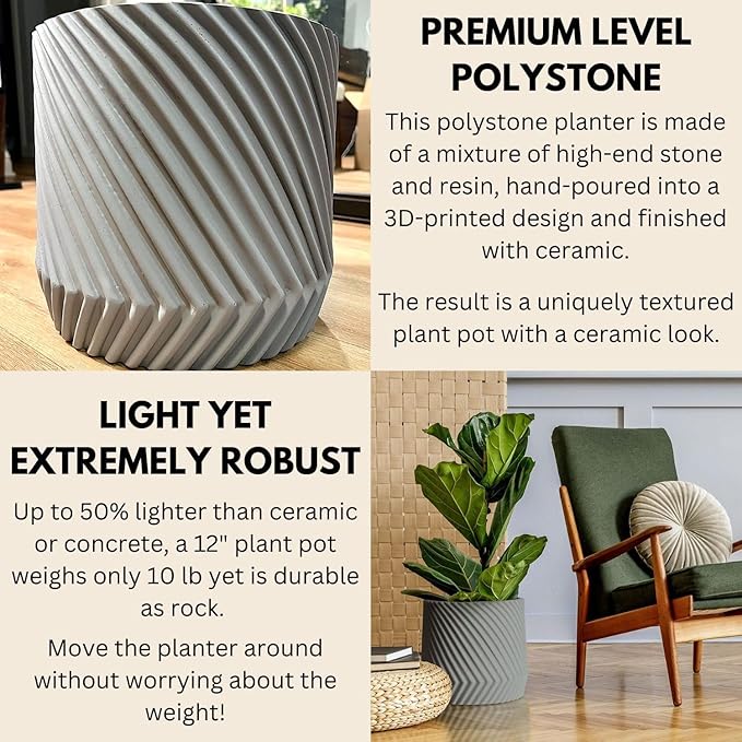 Fox & Fern Large Indoor Planter, Modern Large Plant Pot for Indoor or Outdoor, UV and Frost Resistant - 12 Inch, Polystone, Matte Gray Flower Pot with Drainage Plug, 3D Printed Design
