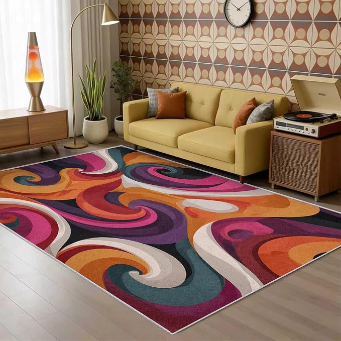 70s Rug 5x8 Retro Funky Hippie Psychedelic Swirl Pattern Area Rugs for Living Room, Bedroom, 70s Home Decor Accessories Indoor Carpet, Non Slip & Machine Washable, GD0397