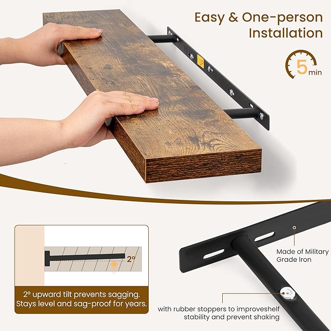Dreamland 40Inch Floating Shelves for Wall, Rustic Wooden Storage Shelf for Living Room, Kitchen, Farmhouse, Wall Mounted Display Shelving with Invisible Heavy-Duty Metal Bracket, Set of 2 - Brown