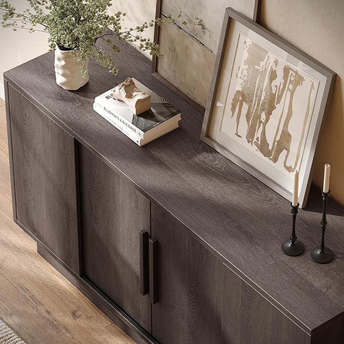 ModernMate 63'' Sideboard Buffet Cabinet with 4 Sliding Doors, Wood Credenza Storage Cabinet with Pedestal Base, Large Side Board with Adjustable Shelf for Living Room, Kitchen, Hallway, Dark Walnut