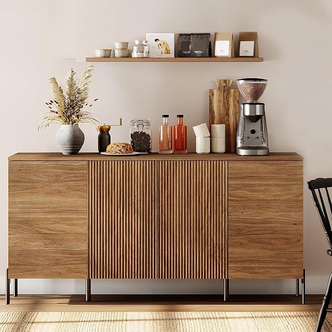 WAMPAT Fluted Buffet Cabinet with Storage, 61.5" Large Sideboard Cabinet with Storages, Modern Buffet Table Coffee Bar Wine Bar Storage Organizer with 4 Doors for Kitchen, Dining Room, Hallway, Walnut