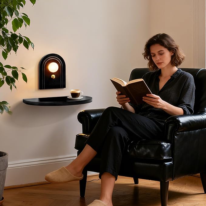 AELS Mid-Century Modern Floating Shelf with Rechargeable Type-C LED Wall Light, Space-Saving Wooden Wall Mounted Bedside Shelf for Bedroom or Dorm, Black