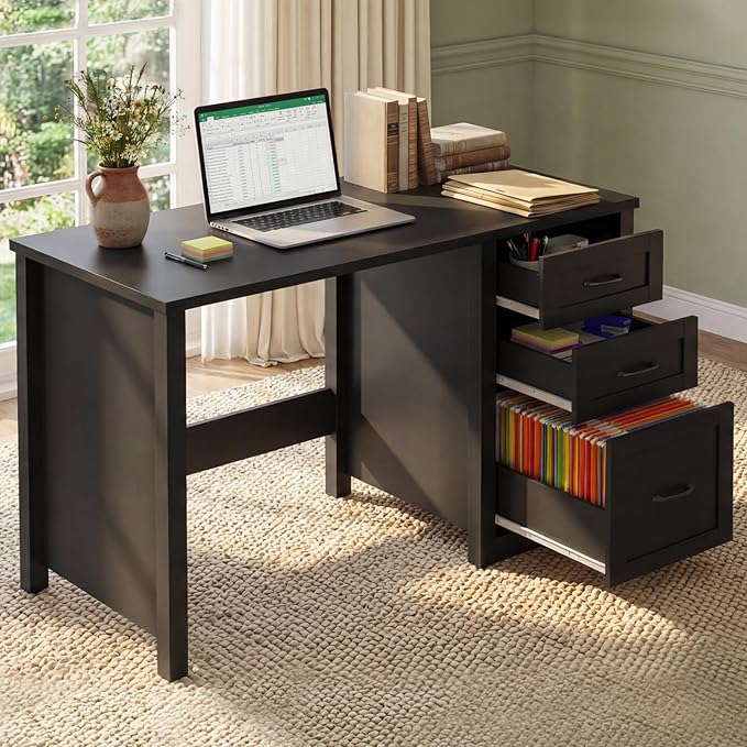 Vabches Farmhouse 47” Executive Desk with File Drawer, Mutual Installation Rustic Computer Desk with 2 Storage Drawers,Office Home Workstation for Work Study Writing, Black