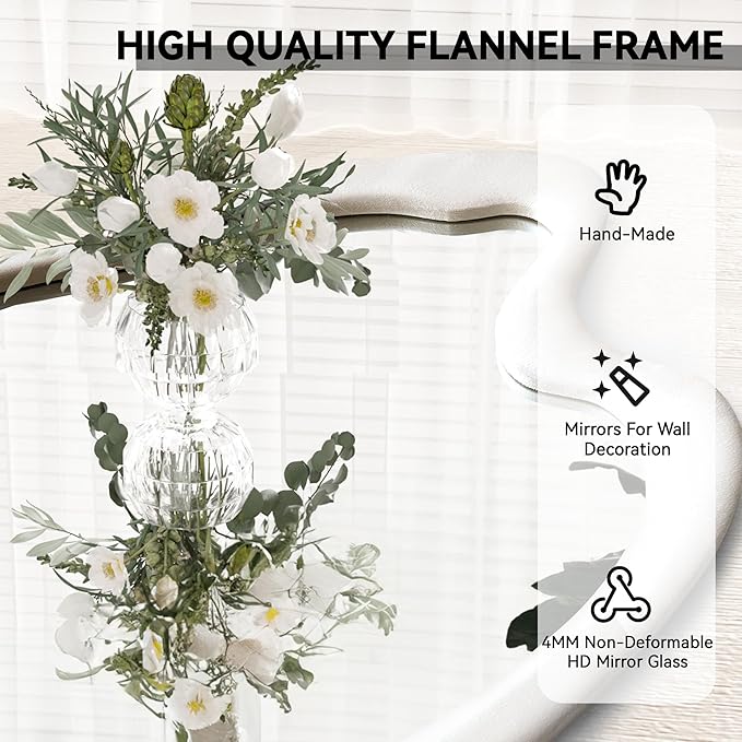 Irregular Wall Mirror Asymmetrical Mirror, White Wavy Mirror with Flannel Frame, Decorative Wall Mirror for Bedroom, Livingroom, Entryway, 24"x 32"