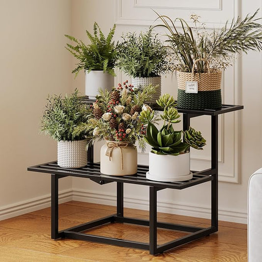 Metal Plant Stand, Foldable Heavy Duty Indoor, Window Iron Plant Shelf - Mid Century Modern Slatted Display for Patio,Garden, Living Room Load Bearing 330 lbs 26" L x 20.2" H x 17.7" W2 Tier Black