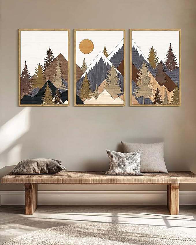 KUVIOKE Morden Boho Mountains Framed Canvas Wall Art Pine Tree Forest Nature Landscape Artwork Painting Bohemain Farmhouse Rustic Room Decor for Bedroom Living Room 24x36in (Natural Framed)