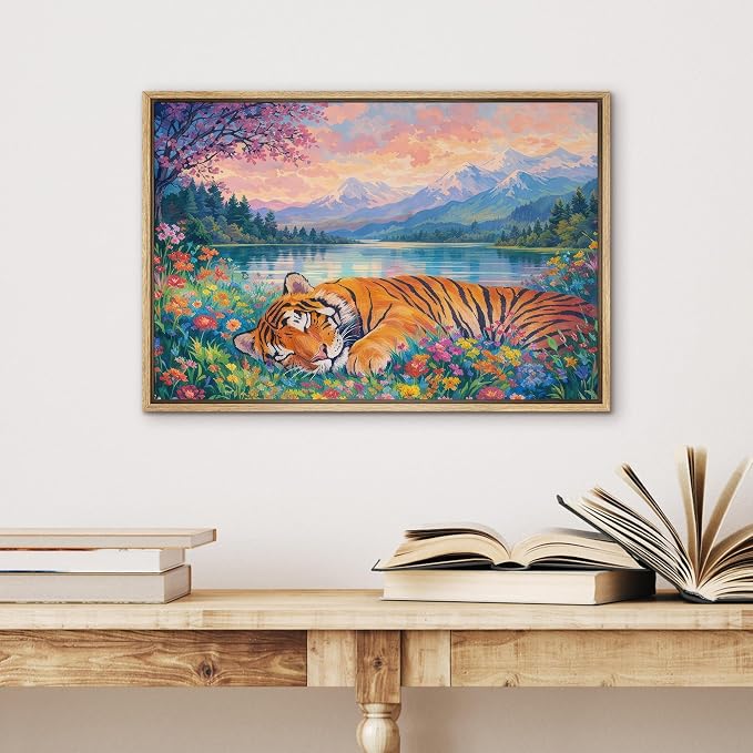 SIGNWIN Framed Canvas Print Wall Art Sleeping Tiger by Mountain Lake Wildflower Landscape Rustic Landscape Relax/Calm for Living Room, Bedroom, Office - 24"x36" Natural