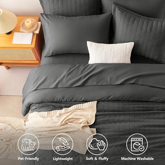 CozyLux Full Size Comforter Sets Dark Grey, 7 Pieces Seersucker Textured Luxury Bed in a Bag Dark Gray, All Season Bedding Sets with Down Alternative Comforter, Sheets, Pillowcases & Shams, Home Gift