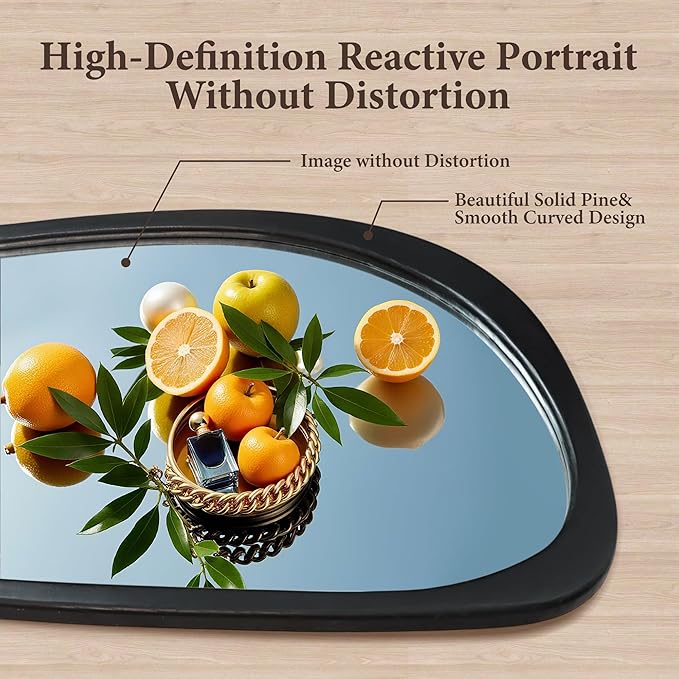 60''x22'' Asymmetrical Mirror with Black Wood Frame, Small Irregular Wavy Wall Mirror, Odd Shaped Mid Century Modern Mirror Decor for Bedroom Living Room Entryway Hall
