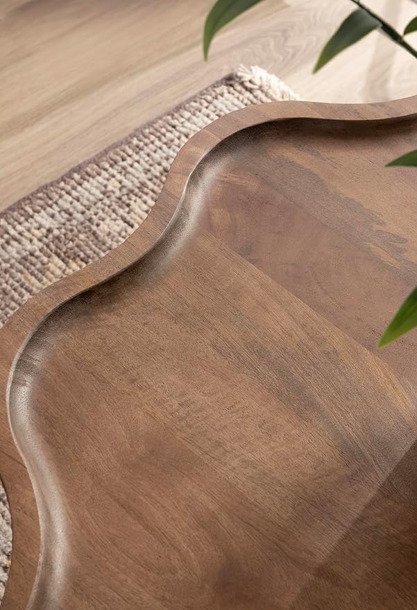 Kate and Laurel Alezar Mid-Century Modern Wavy Round Coffee Table, 30 x 30 x 18, Walnut Brown, Transitional Scalloped Circle Living Room Table with Solid Mango Wood Construction and Tapered Legs