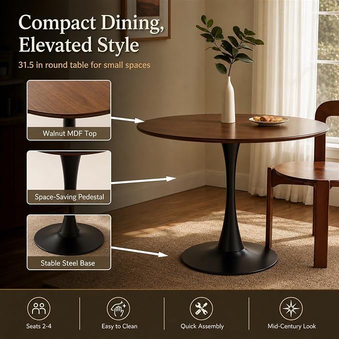 Modern 31.5" Round Tulip Dining Table Walnut Mid Century Pedestal Table for 2–4 Small Kitchen Table Apartment Breakfast Nook Compact Dining Room(No Chairs)