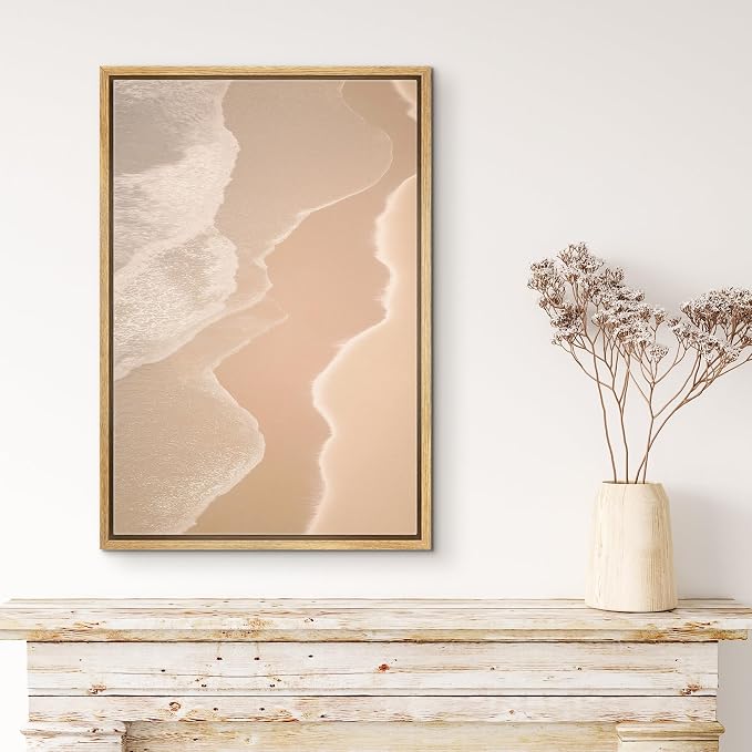 MUDECOR Framed Canvas Print Wall Art Soft Beige Aerial Beach Waves Minimalist Coastal Illustrations Minimalism Decorative Bohemian Colorful Zen for Living Room, Bedroom, Office - 16"x24" NATURAL