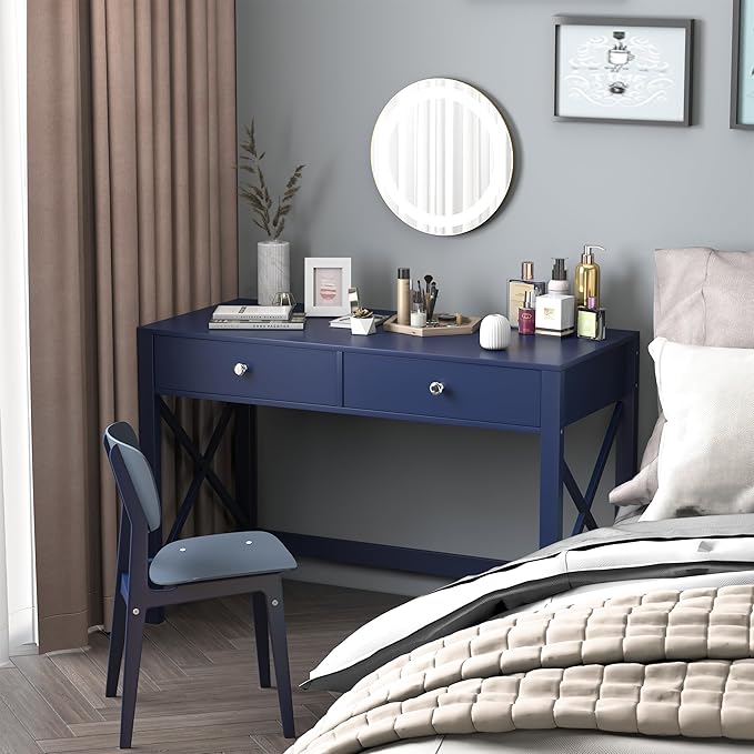WiberWi Home Office Desk with Drawers, Modern Writing Computer Desk for Bedroom, Small Makeup Vanity Table Study Table for Home Office,Navy