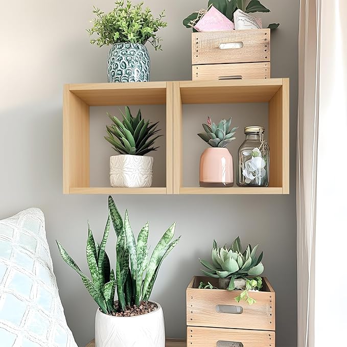 Kaboon Cube Floating Shelves Set2, Display Shelves Wall Mount 7.75" D x 12.5" W x 12.5" H, (Light Walnut, Square 2 Cubes)