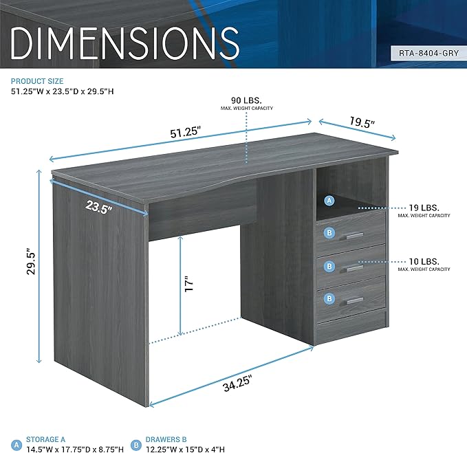 51" W Classic Computer Desk with Drawers, 3-Drawer Home Office Desk with Storage, Grey