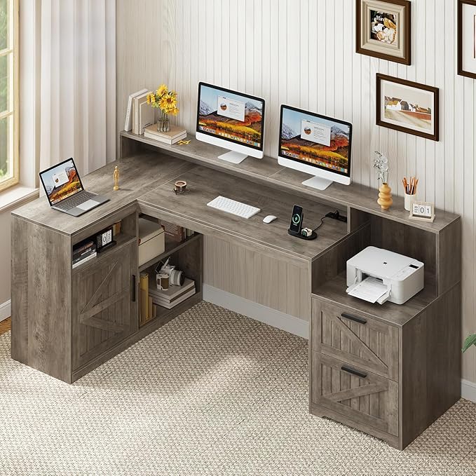 TVU Farmhouse L Shaped Desk with Drawers, 62.2" Home Office Desk with Storage Shelves and Power Outlet, L Shaped Computer Desk with Monitor Stand and Printer Shelf, Gray