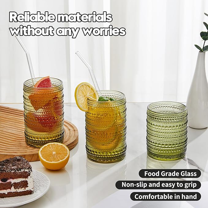 Vintage Hobnail Drinking Glasses Set of 12, 15 oz Highball Glasses & 12 oz Cocktail Glasses Set, Green Kitchen Water Glasses Cup, Bar Tumbler Glassware Set for Beer, Juice, Whiskey, Milk
