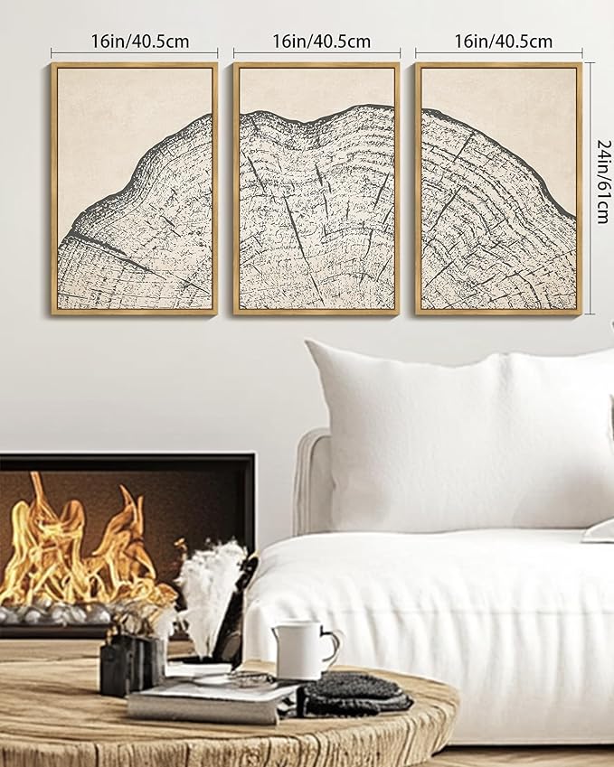 KUVIOKE Framed Tree Rings Wood Wall Art Modern Retro Beige Wood Stump Wall Decor Nature Abstract Art Print for Living Room Bedroom 16x24in (Natural Framed)