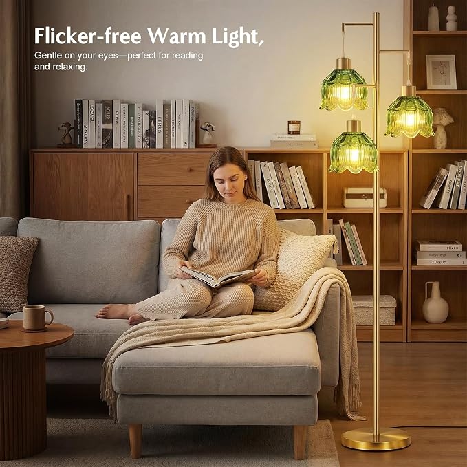 Floor Lamp for Living Room,Bedroom, Vintage 3 Light Standing Lamp Mid Century Modern Gold Tree Tall Floor Lamps Retro Floor Lights Green Glass Flower Lamp Shade Farmhouse Boho Bohemian