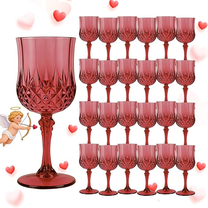 Plastic Wine Glasses, Plastic Goblets Vintage Style Cordial Drinking Glasses for Valentine’s Day, Wedding Reception, Grand Event Party Supplies (24, Scarlet Rose)